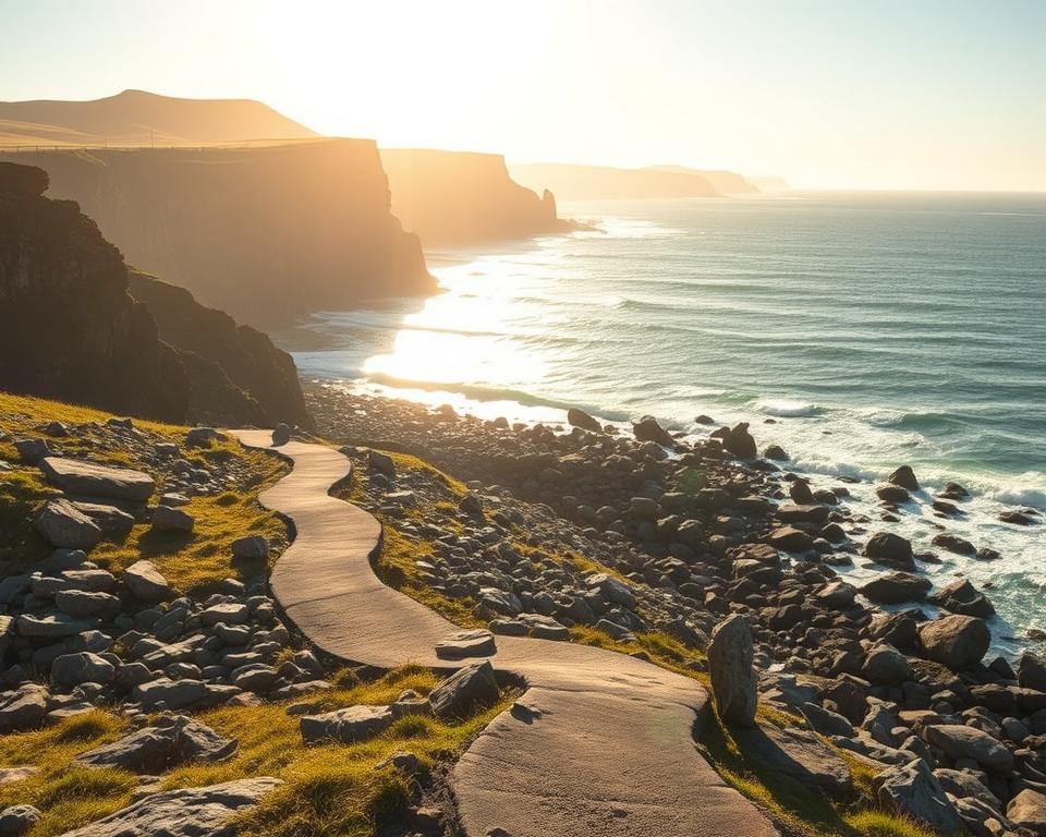 A breathtaking coastal landscape in Ireland, with dramatic cliffs and rolling green hills in the background. In the foreground, a winding path leads along the rocky shoreline, dotted with tide pools and weathered boulders. The sun casts a warm, golden glow over the scene, reflecting off the crashing waves and casting long shadows across the rugged terrain. The air is crisp and clean, filled with the salty scent of the sea and the call of seabirds. The overall mood is one of tranquility and awe, inviting the viewer to step into this picturesque slice of Ireland's untamed natural beauty.