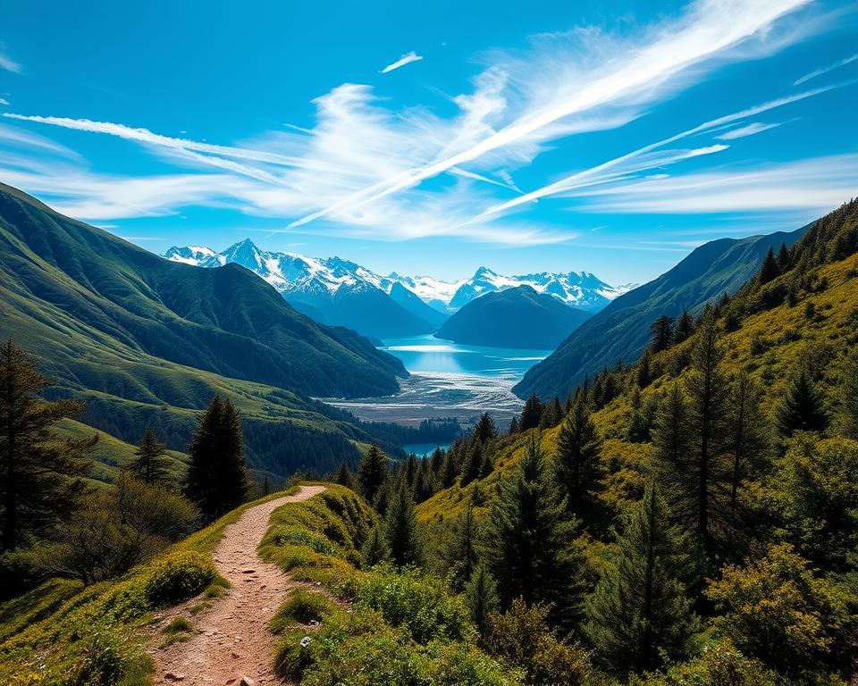 a lush, verdant landscape of rolling hills, towering peaks, and cascading waterfalls in New Zealand's South Island. In the foreground, a well-trodden hiking trail winds through a serene forest, with sunlight filtering through the canopy of ancient trees. The middle ground reveals a breathtaking vista of snow-capped mountains, their jagged silhouettes reflected in a pristine glacial lake. In the background, wispy clouds drift across a brilliant azure sky, casting soft shadows over the rugged terrain. The scene exudes a sense of tranquility and adventure, capturing the essence of New Zealand's reputation as a hiking paradise.