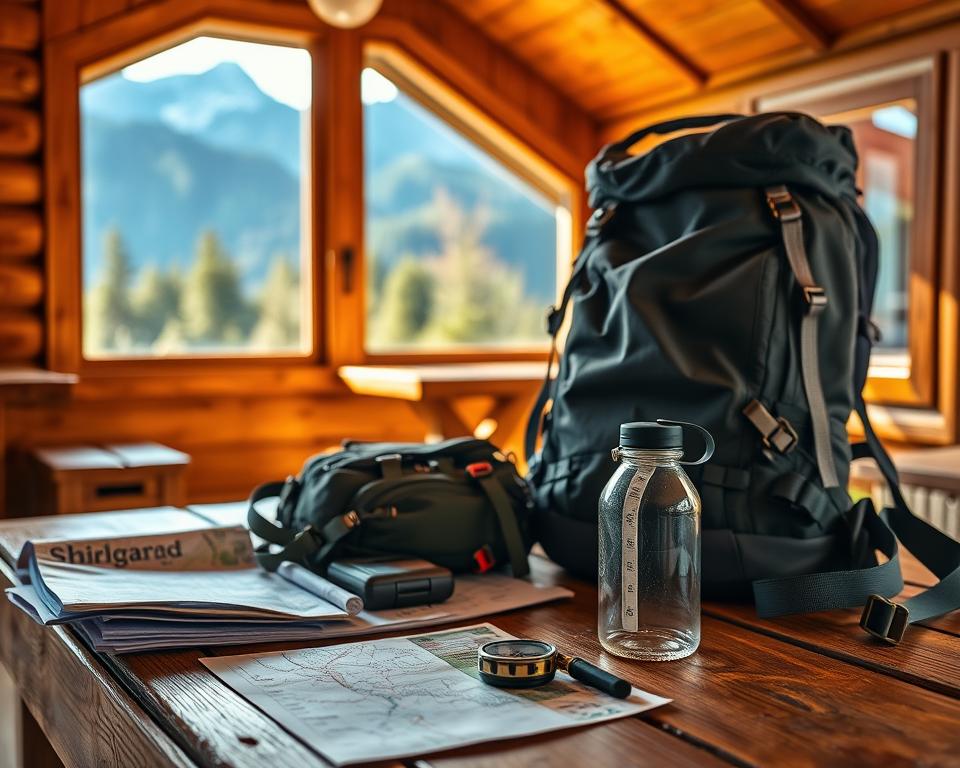 hiking preparations - a backpack and hiking gear laid out on a wooden table, with a map, compass, and water bottle in the foreground. A cozy cabin or lodge in the background, with mountains and a forest visible through the window. Warm, natural lighting illuminates the scene, creating a sense of anticipation and readiness for an upcoming outdoor adventure. The image conveys the excitement and careful planning involved in preparing for a multi-day hike in the stunning landscapes of New Zealand.