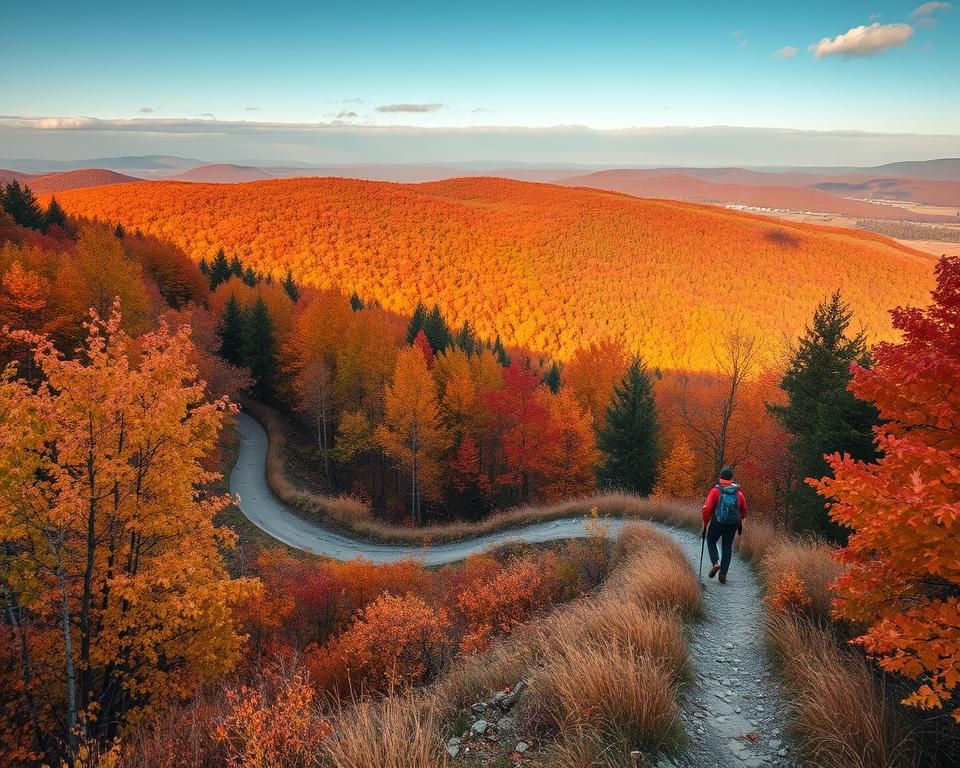 A breathtaking autumn landscape in Bieszczady National Park, Poland. A winding hiking trail leads through a vibrant forest, the leaves ablaze with shades of orange, red, and gold. In the distance, rolling hills draped in a tapestry of autumnal hues stretch out to the horizon. Warm, soft light filters through the canopy, casting a cozy, inviting glow over the scene. Hikers, clad in hiking gear, traverse the path, taking in the stunning vistas. The atmosphere is serene and peaceful, inviting the viewer to embark on an unforgettable autumn adventure.