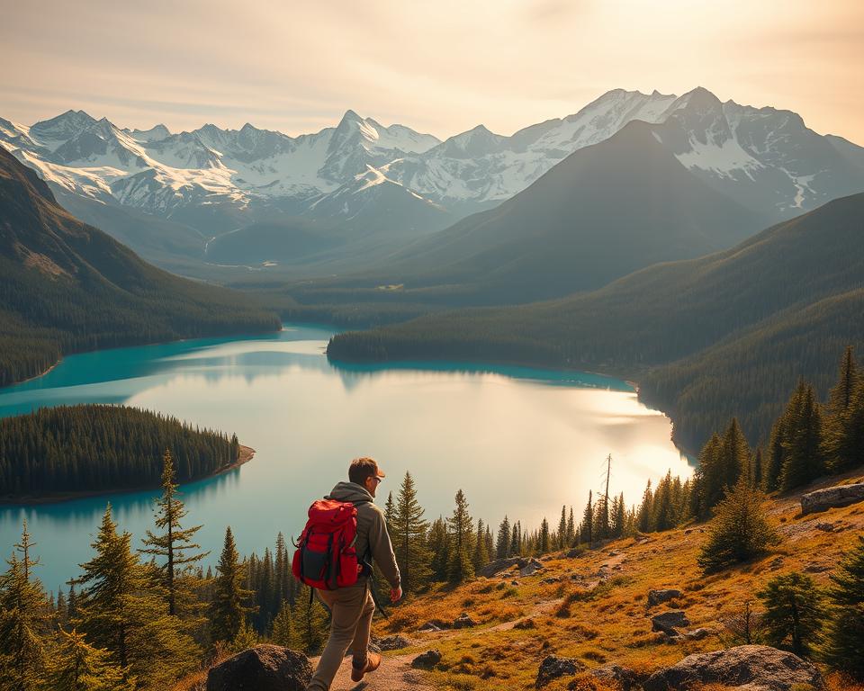 A breathtaking landscape of majestic mountains rising in the distance, their snow-capped peaks reflecting the warm glow of the sun. In the foreground, a serene alpine lake with crystal-clear waters, surrounded by lush, verdant forests. A lone hiker navigates the winding trail, their backpack laden with supplies, immersed in the tranquility of the pristine wilderness. Soft, diffused lighting casts a warm, golden hue across the scene, creating a sense of adventure and solitude. The composition captures the essence of backpacking through the top national parks, inviting the viewer to explore the natural wonders that lie beyond the beaten path.
