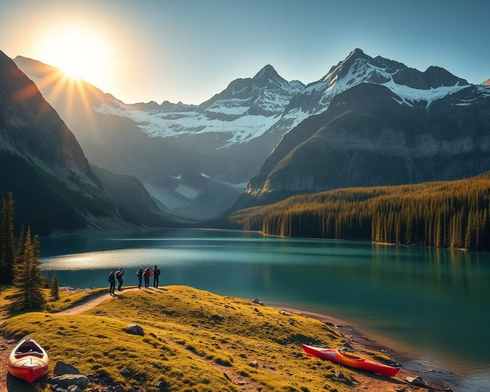 A majestic mountain landscape with a serene lake in the foreground, surrounded by towering peaks capped with snow. In the middle ground, a group of hikers making their way along a winding trail, with kayaks resting on the shore nearby. The sun casts a warm, golden glow over the scene, illuminating the vibrant greens of the forests and the crystal-clear waters of the lake. The atmosphere is one of adventure and natural wonder, capturing the essence of the best hiking and kayaking combo trips in the United States.