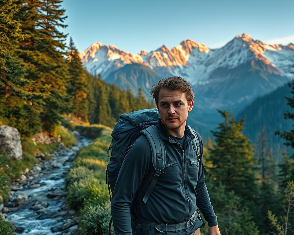 A rugged hiker traverses a winding mountain trail, their backpack laden with supplies. Majestic snow-capped peaks rise in the distance, bathed in warm golden light. Lush, verdant forests flank the trail, their canopy casting soft, dappled shadows. A crystal-clear stream cuts through the landscape, its gentle babbling filling the air. The hiker's face is serene, their expression one of tranquil focus as they take in the grandeur of the untamed wilderness around them. The scene conveys a sense of solitude, adventure, and the restorative power of immersing oneself in nature's splendor.