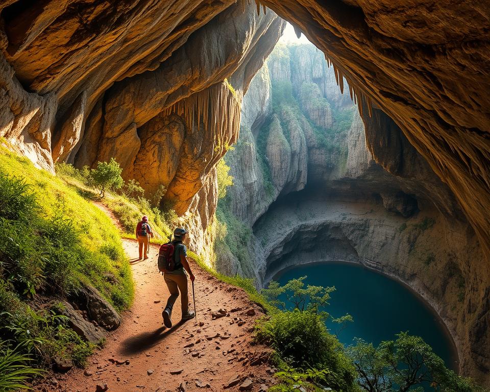 A rugged, sun-dappled trail winds through a lush, verdant landscape, leading deep into a towering, majestic cave. Stalactites and stalagmites cast intricate shadows, illuminated by the warm glow of natural light filtering in from the entrance. Hikers, equipped with sturdy boots and headlamps, explore the winding passages, their awestruck expressions capturing the wonder of this subterranean realm. In the distance, a tranquil underground pool reflects the cave's ethereal beauty, inviting further discovery. The scene exudes a sense of adventure and the thrill of uncovering hidden natural wonders.