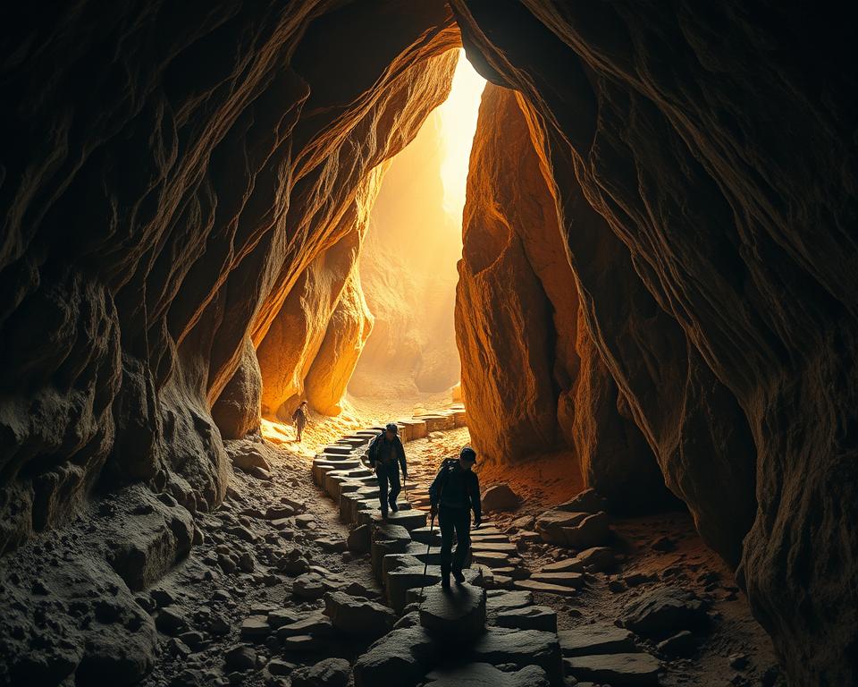 A rugged, winding path snakes through a cavernous, dimly lit grotto, its walls adorned with intricate limestone formations. Rays of ethereal, golden light filter in from above, casting a warm, otherworldly glow upon the scene. Intrepid hikers, donning sturdy gear, navigate the twisting corridors, their sense of awe and adventure palpable. Towering stalactites and stalagmites, sculpted by the patient drip of water over eons, create a surreal, dreamlike atmosphere, inviting exploration and discovery. This breathtaking, subterranean realm offers a truly unique and captivating cave hiking experience, unlike any other.