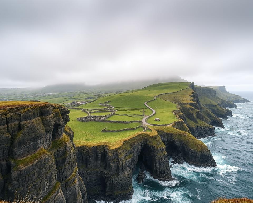 A rugged, windswept coastal landscape along the Causeway Coastal Route, Northern Ireland. In the foreground, dramatic cliffs rise from the churning Atlantic Ocean, their rocky surfaces sculpted by centuries of weathering. Lush, verdant hills roll across the middle ground, dotted with ancient stone walls and winding country roads. In the distance, the misty silhouettes of the Mourne Mountains loom, their peaks kissed by a soft, ethereal light. The scene is imbued with a sense of timeless, untamed beauty, captured through the lens of a wide-angle camera to accentuate the grand, sweeping vistas.