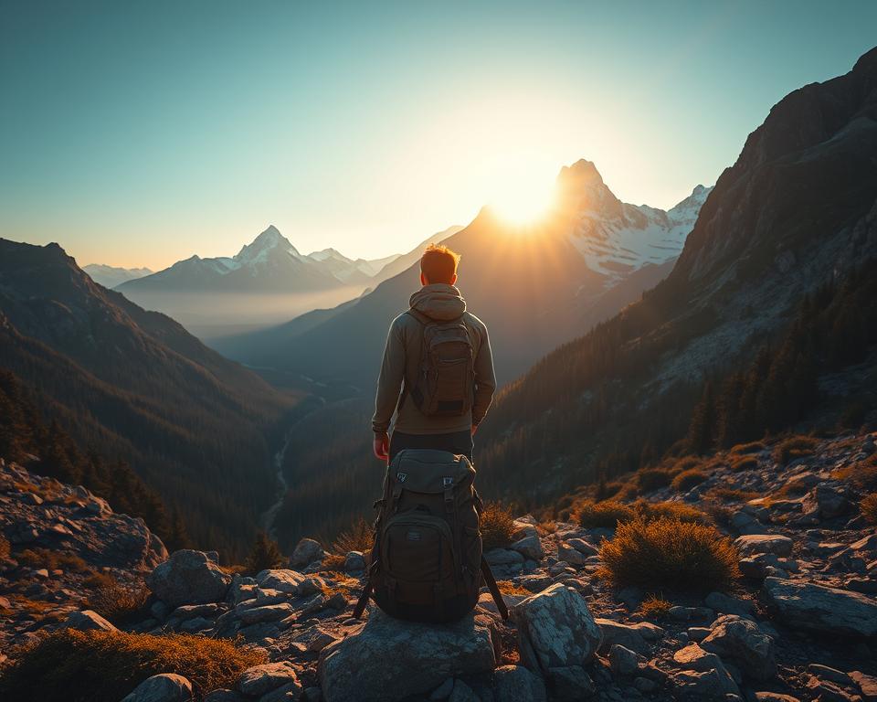 A serene, solitary figure standing amidst a rugged, mountainous landscape, bathed in the soft, golden glow of the setting sun. In the foreground, a weathered backpack rests at the hiker's feet, symbolizing the journey undertaken. The middle ground reveals a winding trail disappearing into a dense, verdant forest, inviting the viewer to explore. In the distance, towering peaks pierce the azure sky, their snow-capped summits glittering like diamonds. The atmosphere is one of tranquility and contemplation, capturing the essence of off-grid backpacking and the allure of immersing oneself in the natural world.