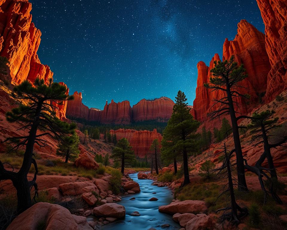 A starry night sky illuminates the striking hues of Bryce Canyon's towering hoodoos, their otherworldly silhouettes casting dramatic shadows across the landscape. In the foreground, a serene mountain stream meanders through the canyon, its gentle flow reflecting the twinkling stars above. The middle ground is dotted with ancient bristlecone pines, their twisted trunks and branches reaching skyward, as if in awe of the celestial display. The background is dominated by the majestic red rock formations, their jagged peaks reaching towards the heavens, creating a breathtaking vista perfect for stargazing. The overall scene is bathed in a soft, warm glow, the result of carefully balanced lighting that enhances the natural beauty of this enchanting National Park.