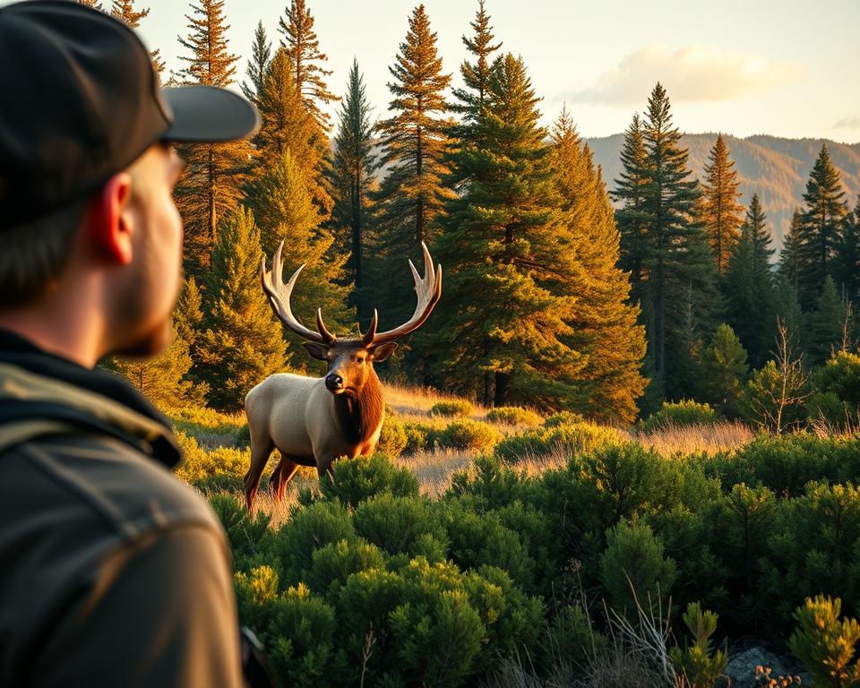 A stunning landscape in a national park, with a hiker in the foreground observing a majestic elk in the middle ground, its antlers proudly displayed. The elk is surrounded by lush, verdant foliage, with towering pine trees in the background, casting warm, golden light across the scene. The hiker's awe-struck expression captures the wonder of this unexpected wildlife encounter on the trail, as the elk gazes calmly into the distance. The image conveys a sense of harmony and balance between the natural world and the human explorer, creating a serene and captivating moment in time.