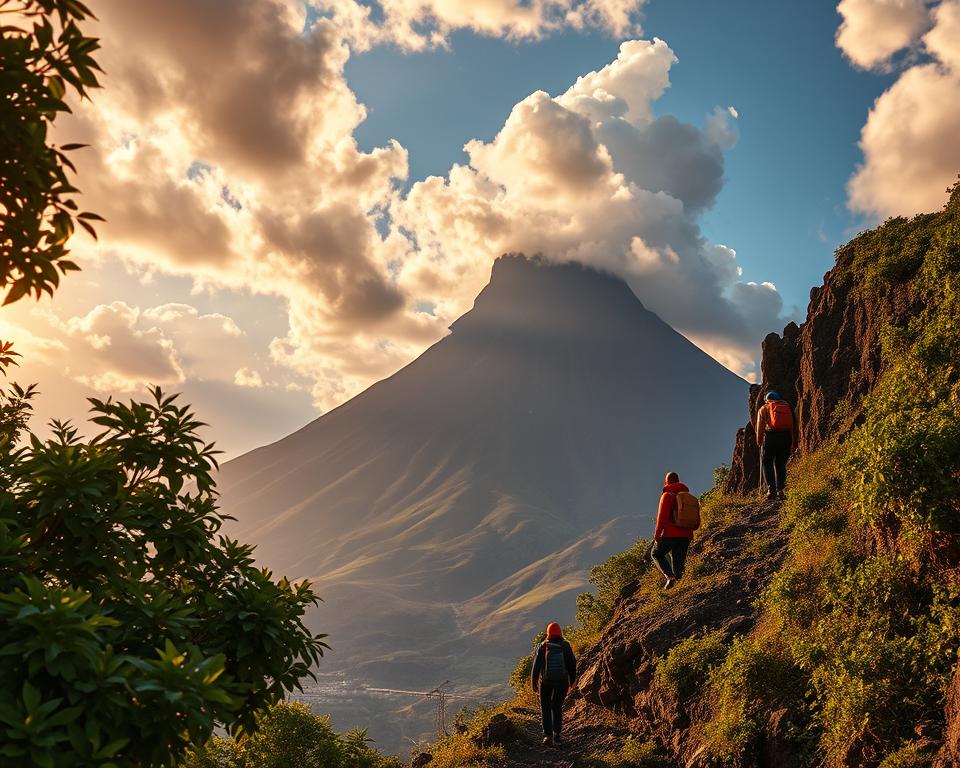 A towering volcano rising against a dramatic sky, with hikers navigating its rugged, winding trails. Lush, verdant foliage frames the scene, contrasting with the stark, jagged rock formations. Warm, golden sunlight filters through fluffy, cloud-dotted heavens, casting a serene, adventurous atmosphere. In the foreground, hikers in vibrant, weathered gear ascend the trail, their silhouettes framed by the immense, majestic volcano looming above. The mid-ground features a vista of rolling hills and distant peaks, hinting at the grand, untamed landscapes surrounding the volcano. A sense of scale, challenge, and awe-inspiring natural wonder permeates the entire composition.