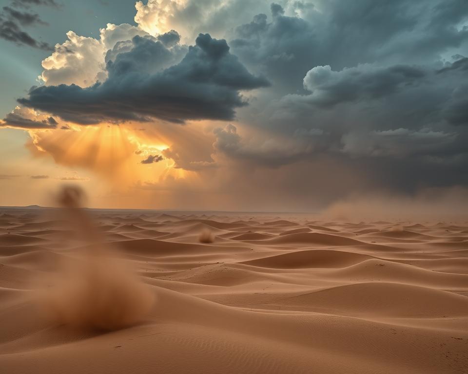 A vast expanse of undulating sand dunes under a dramatic desert sky. In the foreground, swirling dust devils dance across the parched landscape. The middle ground features towering cumulonimbus clouds, their anvil-shaped tops illuminated by shafts of warm, golden light. In the distance, a sprawling sandstorm rages, its ominous dark clouds casting long shadows over the terrain. The overall scene conveys the powerful, ever-changing nature of desert weather, from the subtle movements of the wind to the violent, unpredictable storms that can develop rapidly. A vast expanse of undulating sand dunes under a dramatic desert sky. In the foreground, swirling dust devils dance across the parched landscape. The middle ground features towering cumulonimbus clouds, their anvil-shaped tops illuminated by shafts of warm, golden light. In the distance, a sprawling sandstorm rages, its ominous dark clouds casting long shadows over the terrain. The overall scene conveys the powerful, ever-changing nature of desert weather, from the subtle movements of the wind to the violent, unpredictable storms that can develop rapidly.