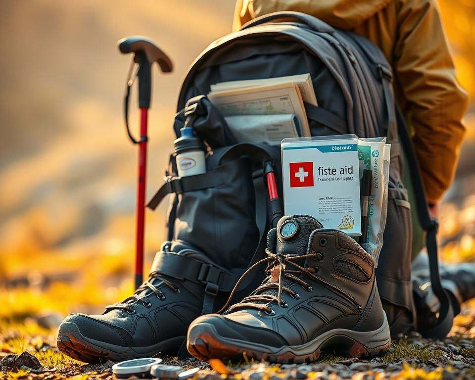 A well-equipped hiker's backpack, meticulously packed with essential gear for a Slovenian hiking adventure. In the foreground, hiking boots, a compass, and a water bottle stand ready. The middle ground features a neatly folded map, a first-aid kit, and a high-quality raincoat. In the background, a sturdy hiking pole and a lightweight, breathable jacket hint at the rugged terrain to be traversed. Warm, natural lighting casts a golden glow, evoking a sense of exploration and adventure. The scene exudes a mood of preparedness and excitement, perfectly capturing the essence of "Preparing for Your Slovenian Hiking Adventure."