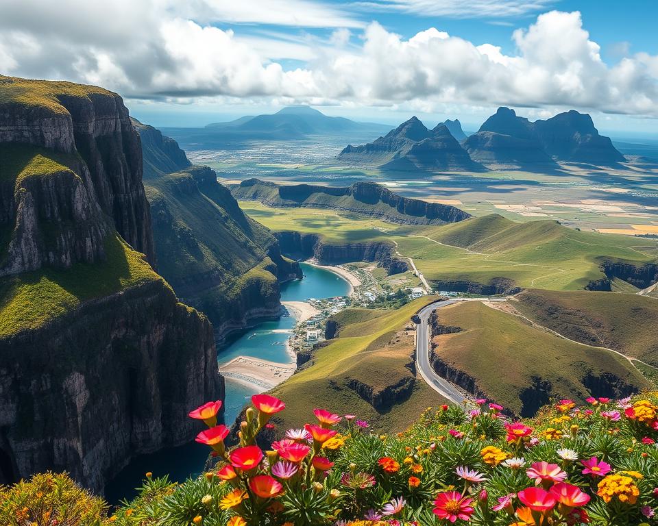 Madeira's lush, verdant landscapes unfold before the viewer, showcasing the island's unique geological formations. In the foreground, towering sea cliffs plunge into the azure waters, their rugged textures and shadows captured in dramatic detail. The middle ground reveals a rolling, undulating terrain dotted with vibrant wildflowers, their petals swaying gently in the coastal breeze. Farther into the distance, majestic mountains rise, their peaks obscured by wispy clouds that cast soft, diffused lighting across the scene. The overall composition evokes a sense of tranquility and wonder, inviting the viewer to immerse themselves in Madeira's captivating natural splendor.