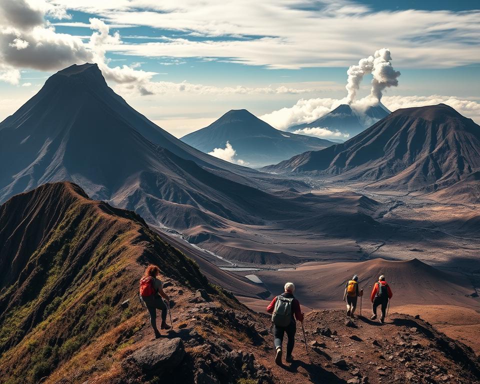Majestic volcanoes rise from the earth, their rugged peaks piercing the sky. Hikers traverse diverse landscapes, from lush tropical rainforests to barren volcanic moonscapes. A wide-angle lens captures the grandeur, showcasing the scale and drama of these geological wonders. Dramatic lighting casts long shadows, highlighting the intricate textures and contours of the terrain. In the distance, plumes of smoke and ash billow from active volcanoes, a reminder of the power and unpredictability of these natural marvels. Adventurous hikers, their gear and equipment visible, navigate winding trails, their faces awestruck as they take in the breathtaking vistas. This image embodies the thrill and wonder of volcano hiking experiences around the world.