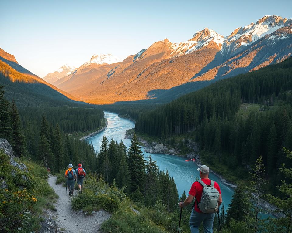 Outdoor adventure hiking and kayaking combo trips: A breathtaking panorama of a lush, forested river valley. In the foreground, a group of hikers navigates a winding trail, their packs and hiking poles visible. In the middle ground, a crystal-clear river winds through the landscape, with kayakers gliding effortlessly across the water. The background features towering mountains, their peaks capped with snow and bathed in warm, golden sunlight. The scene conveys a sense of exhilaration, exploration, and connection with nature, inviting the viewer to embark on their own outdoor adventure.