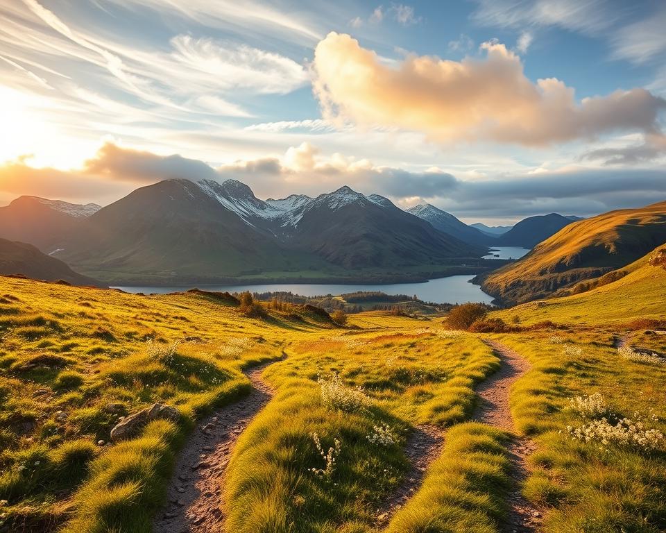 Serene Scottish Highlands in different seasons, showcasing the best times for hiking. In the foreground, a winding trail leads through lush, verdant meadows dotted with wildflowers. In the middle ground, rugged mountains rise majestically, their peaks capped with snow during the spring and autumn. Warm, golden sunlight filters through wispy clouds, casting a soft, inviting glow over the landscape. The background features a picturesque loch, its still waters reflecting the changing foliage and dramatic skies of the region. The scene conveys the tranquility, natural beauty, and diverse hiking opportunities available throughout the Scottish Highlands.