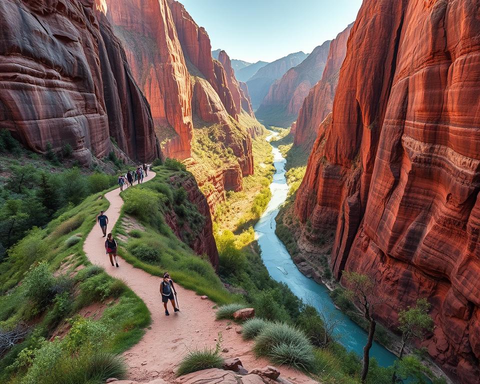 A breathtaking vista of Zion Canyon's iconic trails, bathed in warm afternoon sunlight. In the foreground, a well-worn path winds through a lush, verdant landscape, flanked by towering red sandstone cliffs that reach skyward. In the middle ground, hikers traverse the iconic Angel's Landing trail, their silhouettes dwarfed by the majestic canyon walls. In the distance, the mighty Virgin River flows serenely, its turquoise waters complementing the earthy tones of the surrounding geology. The scene conveys a sense of awe-inspiring natural beauty, perfect for adventurous teenagers to explore and experience the grandeur of Zion National Park.