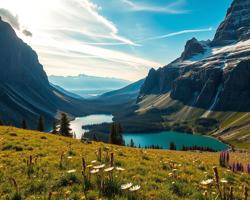 A breathtaking vista of the Hidden Lake Overlook in Glacier National Park, with towering snow-capped peaks framing a tranquil alpine lake. The foreground features a lush, verdant meadow dotted with wildflowers, leading the eye towards the shimmering turquoise waters. In the middle ground, rugged granite cliffs rise majestically, casting dramatic shadows and creating a sense of grandeur. The background is dominated by a panoramic range of distant mountain peaks, bathed in warm, golden light that filters through wispy clouds. The scene evokes a peaceful, serene atmosphere, perfect for a high-country hike that teens will find both challenging and awe-inspiring. A breathtaking vista of the Hidden Lake Overlook in Glacier National Park, with towering snow-capped peaks framing a tranquil alpine lake. The foreground features a lush, verdant meadow dotted with wildflowers, leading the eye towards the shimmering turquoise waters. In the middle ground, rugged granite cliffs rise majestically, casting dramatic shadows and creating a sense of grandeur. The background is dominated by a panoramic range of distant mountain peaks, bathed in warm, golden light that filters through wispy clouds. The scene evokes a peaceful, serene atmosphere, perfect for a high-country hike that teens will find both challenging and awe-inspiring.