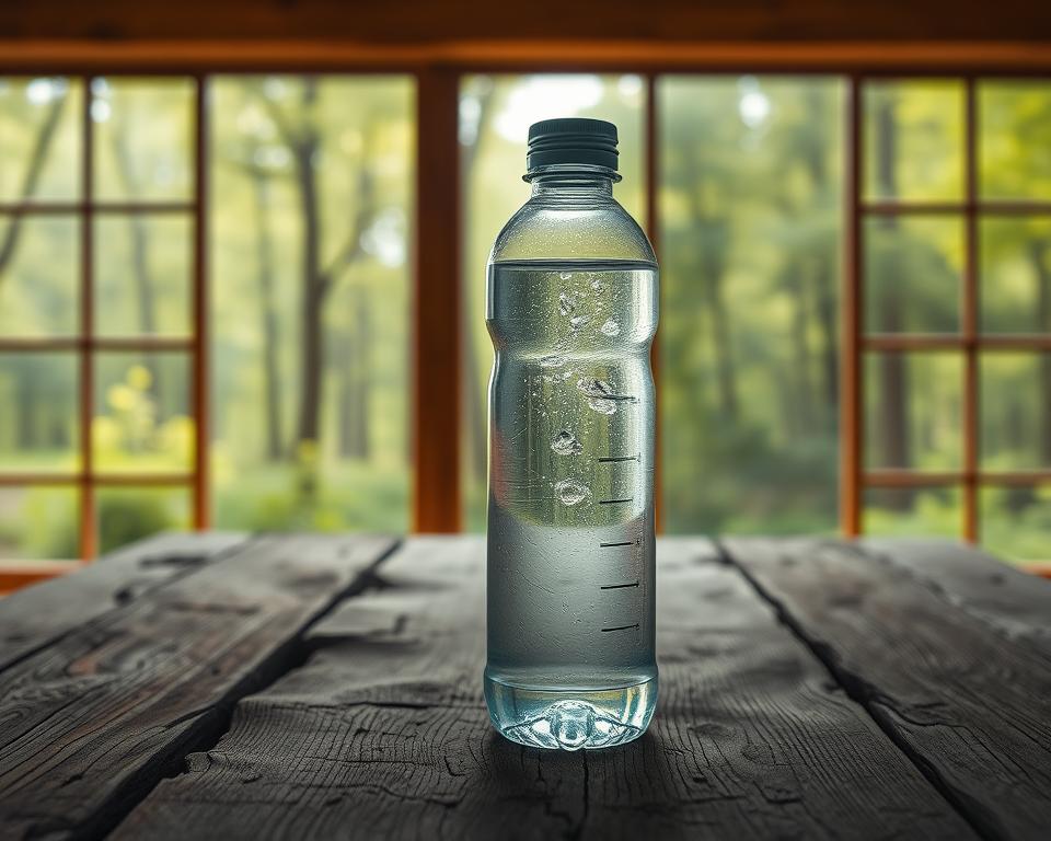 A clear, reusable water bottle filled with fresh, crisp water standing upright on a rugged wooden table. Soft, natural lighting from an overhead window casts a warm glow, highlighting the bottle's translucent surface and the gentle sloshing of the liquid within. The table's textured surface provides a grounded, earthy contrast. In the background, a lush, verdant forest scene is visible through a large window, evoking a sense of being in the great outdoors, ready to embark on a hiking adventure. The overall atmosphere is one of preparedness, simplicity, and a connection to nature.