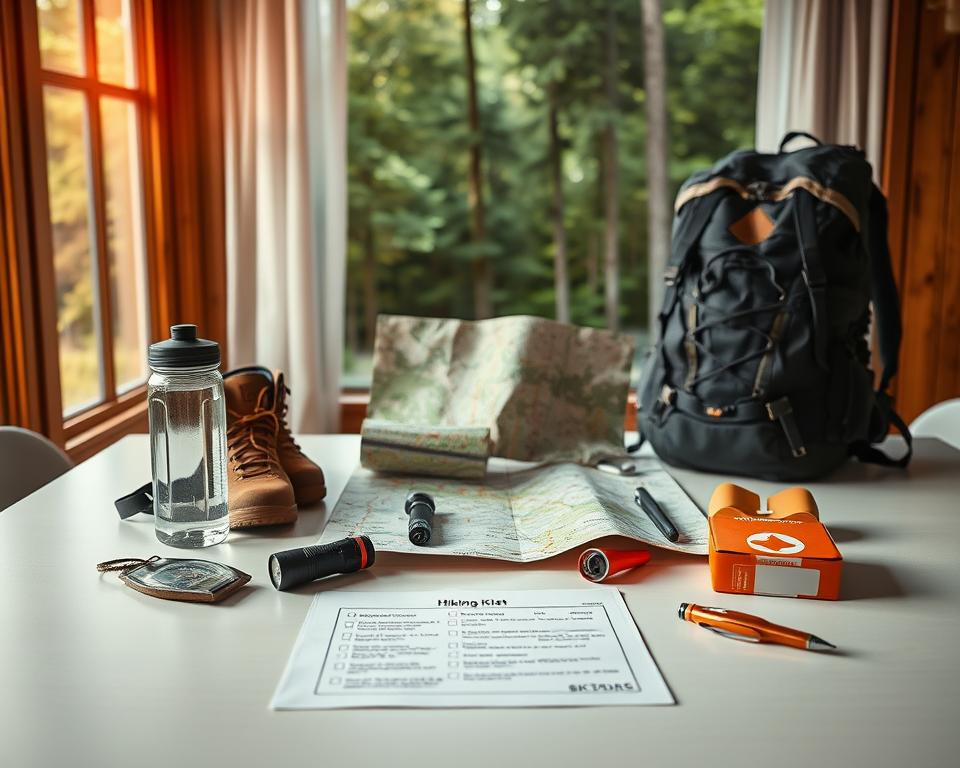 A crisp, organized table with a checklist laid out on it, the items neatly arranged and categorized. Hiking backpack, sturdy boots, water bottle, compass, flashlight, and first-aid kit placed in the foreground, illuminated by warm, natural lighting. In the middle ground, a map unfurled, with hiking trails highlighted. The background features a window overlooking a lush, verdant forest, hinting at the adventure to come. The overall mood is one of preparedness, efficiency, and a sense of excitement for the upcoming hike.