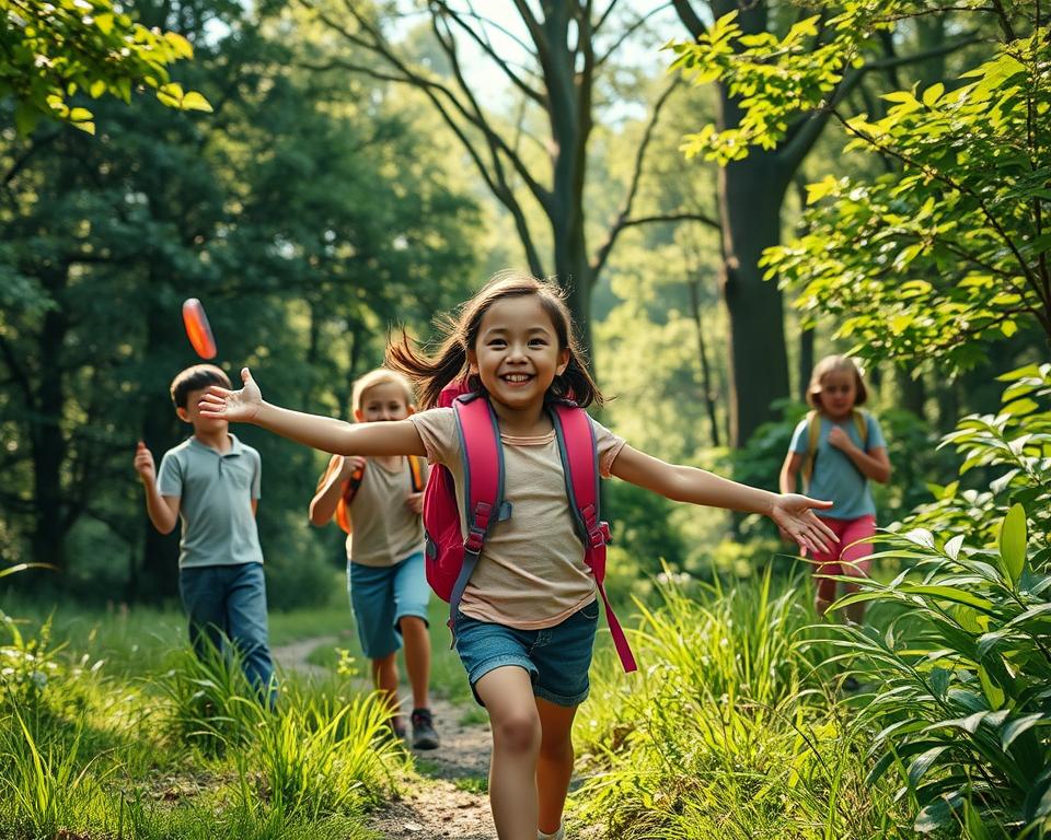 A group of cheerful children hiking through a lush, verdant forest, their faces alight with excitement. In the foreground, a young girl in a bright pink backpack leads the way, her arms outstretched as she explores the natural world around her. Behind her, a boy tosses a Frisbee playfully, while another child bends down to examine a curious insect. In the middle ground, the older siblings help the younger ones navigate the uneven terrain, their expressions filled with care and patience. In the background, towering trees cast dappled shadows, creating a warm, inviting atmosphere as the sun filters through the canopy. The scene is captured with a wide-angle lens, highlighting the sense of adventure and exploration that radiates from the group.