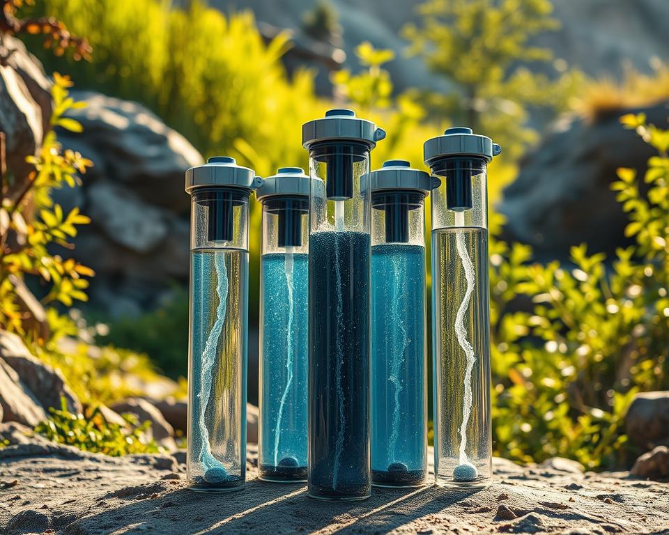 A group of gravity water filters standing in a serene outdoor setting, surrounded by lush greenery and rocky terrain. The filters are made of transparent materials, allowing the flow of water to be observed. They are positioned at different heights, creating a visually interesting arrangement. Warm, natural lighting from the side accentuates the filters' textures and the clarity of the water passing through. The overall composition suggests a practical and efficient water filtration solution suitable for outdoor enthusiasts and small groups.