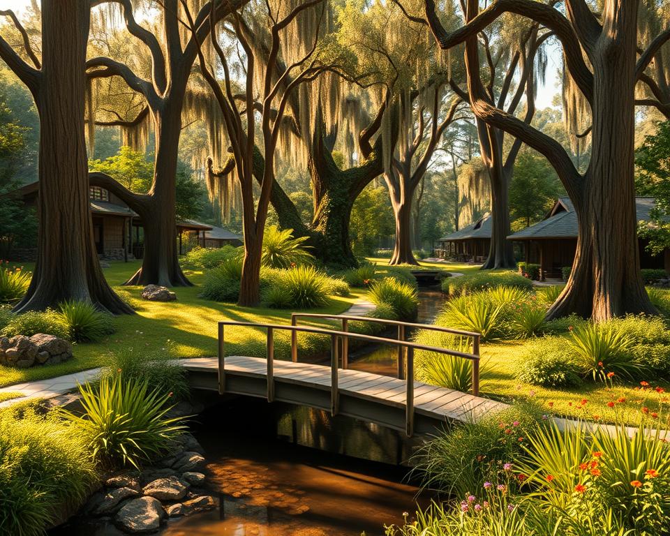 A lush, verdant nature center nestled in the heart of the Tibet-Butler Preserve, with gentle, winding trails leading visitors through a serene, sun-dappled landscape. A wooden bridge spans a tranquil creek, inviting families to explore the diverse flora and fauna. Towering cypress trees cast soft, warm shadows, while vibrant wildflowers dot the forest floor. The scene is bathed in a golden, soft-focus glow, creating a sense of tranquility and wonder. The camera angle is slightly elevated, capturing the peaceful, inviting atmosphere of this natural oasis near Orlando. A lush, verdant nature center nestled in the heart of the Tibet-Butler Preserve, with gentle, winding trails leading visitors through a serene, sun-dappled landscape. A wooden bridge spans a tranquil creek, inviting families to explore the diverse flora and fauna. Towering cypress trees cast soft, warm shadows, while vibrant wildflowers dot the forest floor. The scene is bathed in a golden, soft-focus glow, creating a sense of tranquility and wonder. The camera angle is slightly elevated, capturing the peaceful, inviting atmosphere of this natural oasis near Orlando.