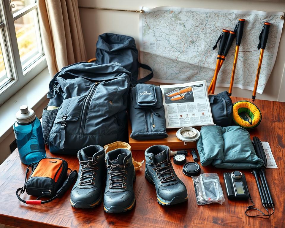 A neatly organized backpacking kit laid out on a wooden table, illuminated by soft natural light filtering through a window. In the foreground, a lightweight backpack, hiking boots, and a water bottle are meticulously arranged. The middle ground features a selection of camping gear, including a compact sleeping bag, a lightweight stove, and a first-aid kit. In the background, hiking poles, a compass, and a detailed map create a sense of adventure and exploration. The overall composition conveys a sense of preparedness, efficiency, and a love for the great outdoors.