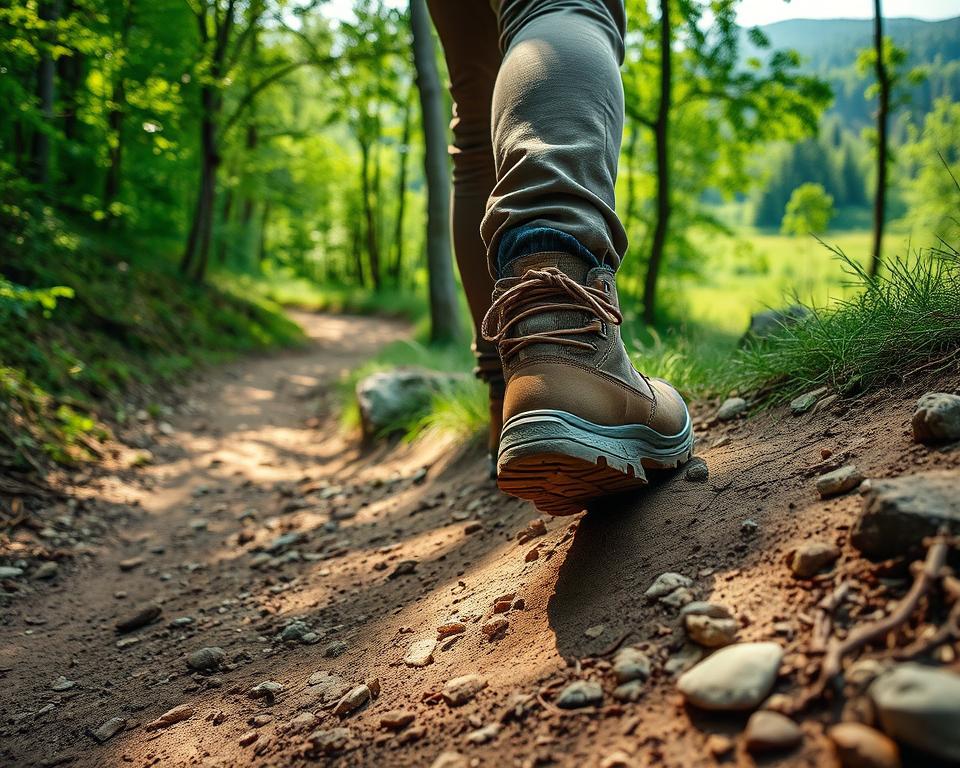 A pair of hiking boots with worn soles, grasping the edge of a dirt trail winding through a lush, verdant forest. Sunlight filters through the canopy, casting a warm, natural glow on the scene. The trail is dotted with small rocks and roots, creating an uneven, rugged surface that demands careful, deliberate steps. The hiker's feet are positioned with stability and balance, ready to navigate the terrain with precision. The background is a serene, tranquil landscape, hinting at the peaceful exploration to come. Captured with a wide-angle lens to emphasize the immersive, immersive nature of the moment. A pair of hiking boots with worn soles, grasping the edge of a dirt trail winding through a lush, verdant forest. Sunlight filters through the canopy, casting a warm, natural glow on the scene. The trail is dotted with small rocks and roots, creating an uneven, rugged surface that demands careful, deliberate steps. The hiker's feet are positioned with stability and balance, ready to navigate the terrain with precision. The background is a serene, tranquil landscape, hinting at the peaceful exploration to come. Captured with a wide-angle lens to emphasize the immersive, immersive nature of the moment.