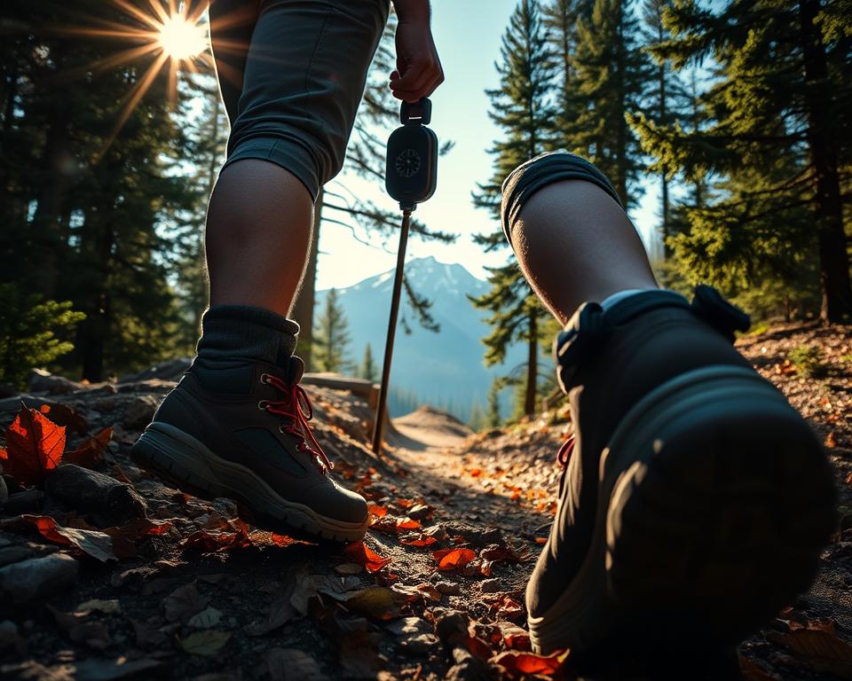 A rugged hiker navigates a mountain trail, compass in hand, the sun filtering through the canopy of lush forest. In the foreground, their weathered boots crush fallen leaves, while the middle ground reveals a winding path flanked by towering pines. The background showcases majestic peaks in the distance, their snow-capped summits gleaming under a clear blue sky. Diffused lighting casts a warm, adventurous glow, as the hiker's determined expression reflects their focus on finding the right direction. A sense of exploration and self-reliance permeates the scene, capturing the essence of map and compass navigation in the great outdoors. A rugged hiker navigates a mountain trail, compass in hand, the sun filtering through the canopy of lush forest. In the foreground, their weathered boots crush fallen leaves, while the middle ground reveals a winding path flanked by towering pines. The background showcases majestic peaks in the distance, their snow-capped summits gleaming under a clear blue sky. Diffused lighting casts a warm, adventurous glow, as the hiker's determined expression reflects their focus on finding the right direction. A sense of exploration and self-reliance permeates the scene, capturing the essence of map and compass navigation in the great outdoors.