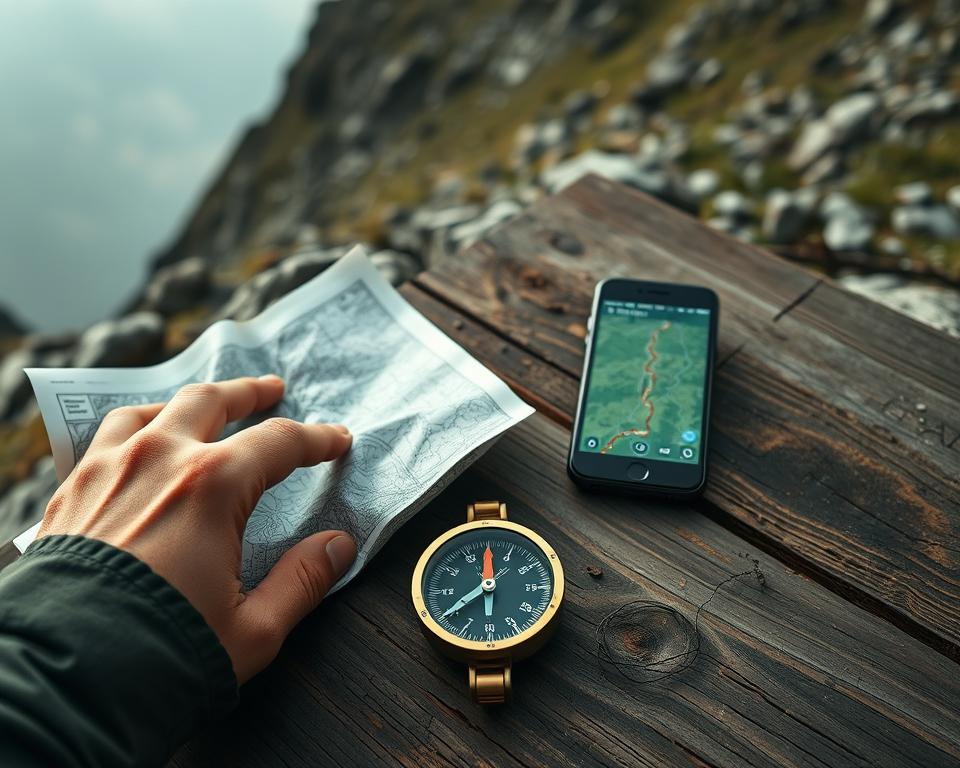 A rugged outdoor scene, captured through a wide-angle lens. In the foreground, a hiker's hands holding a detailed topographic map, fingers tracing the contours of the land. In the middle ground, a hiking compass rests on a weathered wooden table, its needle pointing due north. In the background, a smartphone displays a GPS navigation app, with a winding trail overlaid on a satellite image. The lighting is soft, diffused, creating a sense of tranquility. The overall mood is one of exploration and self-reliance, with the tools of navigation complementing the natural surroundings. A rugged outdoor scene, captured through a wide-angle lens. In the foreground, a hiker's hands holding a detailed topographic map, fingers tracing the contours of the land. In the middle ground, a hiking compass rests on a weathered wooden table, its needle pointing due north. In the background, a smartphone displays a GPS navigation app, with a winding trail overlaid on a satellite image. The lighting is soft, diffused, creating a sense of tranquility. The overall mood is one of exploration and self-reliance, with the tools of navigation complementing the natural surroundings.