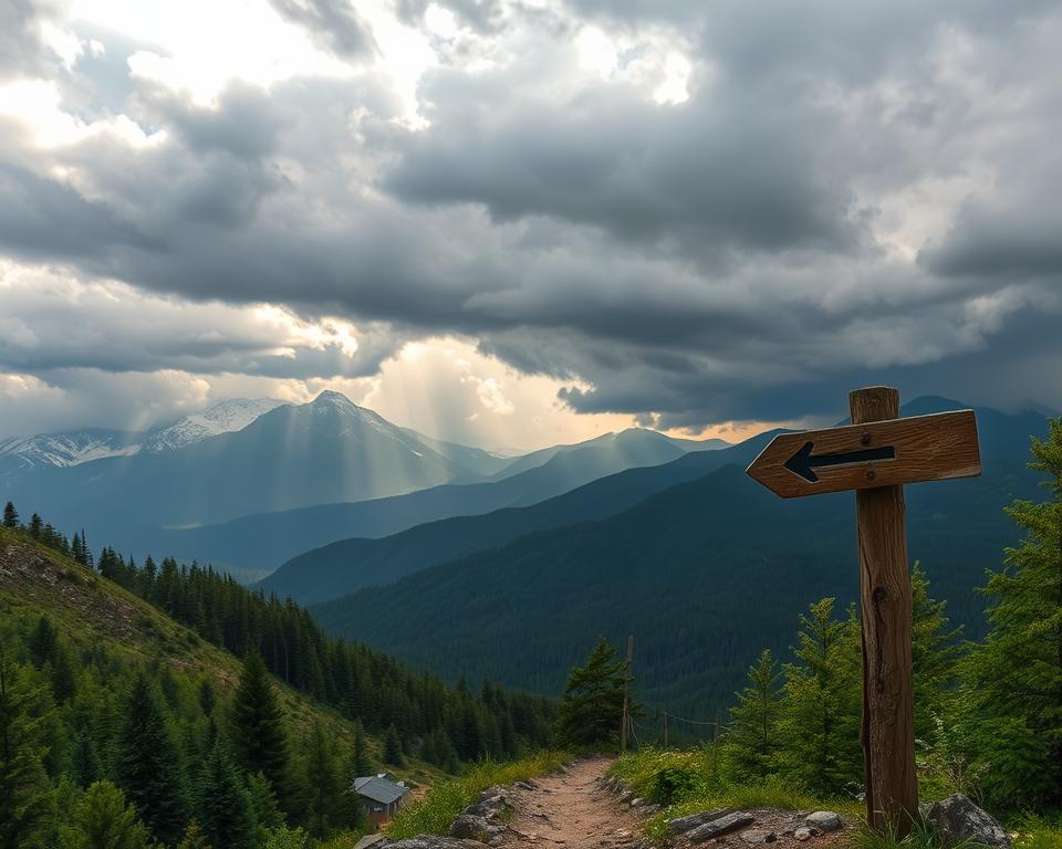 A scenic landscape with a dramatic sky, capturing the essence of unpredictable weather. In the foreground, a rugged mountain trail winds through a lush, verdant forest. Towering peaks rise in the distance, their snow-capped summits partially obscured by swirling clouds. Shafts of light pierce through the overcast sky, casting a warm glow over the scene. The middle ground features a weathered wooden sign, its arrow pointing the way for hikers. In the background, a looming storm system approaches, its dark, ominous clouds casting long shadows across the land. The overall mood is one of adventure and anticipation, hinting at the challenges and beauty that lie ahead on the hiking journey.