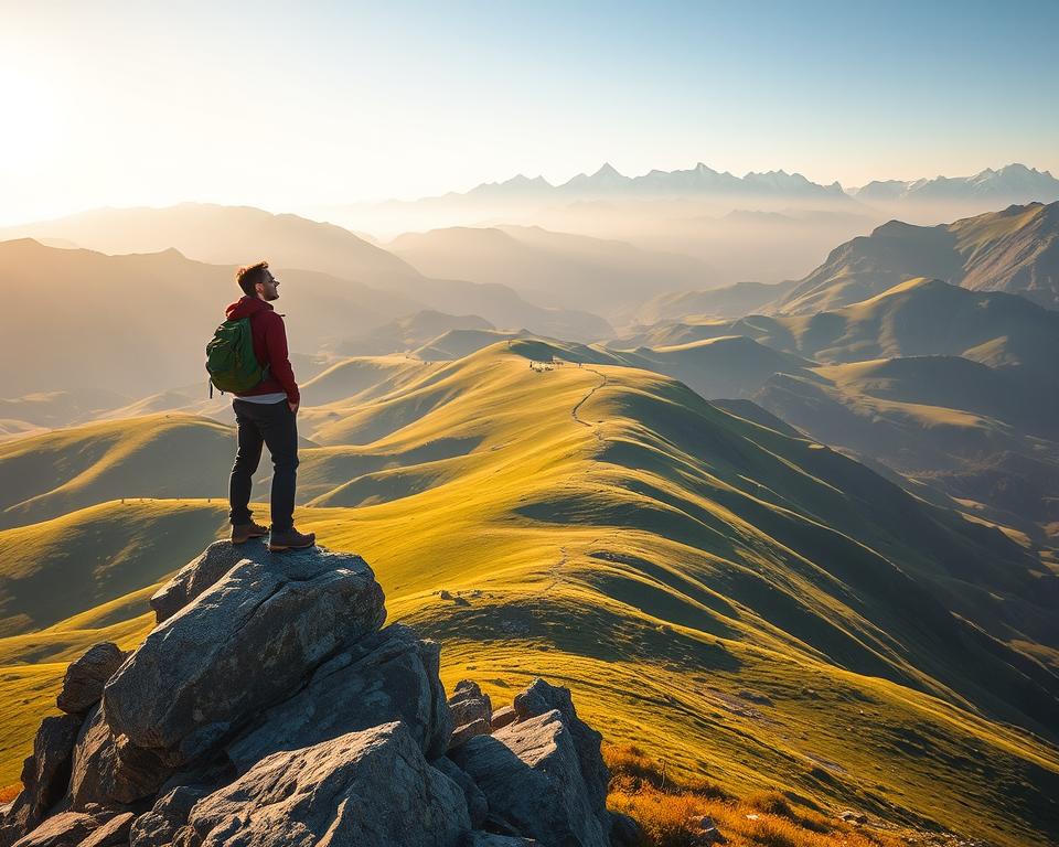 A serene and empowering landscape, bathed in warm, golden light. In the foreground, a lone hiker stands atop a rocky outcrop, gazing out over a vast, rolling landscape of lush, verdant hills and winding trails. The hiker's posture is confident, their expression peaceful and determined. In the middle ground, a path winds through the hills, beckoning the viewer to embark on their own journey. The background is framed by majestic, snow-capped peaks, exuding a sense of scale and grandeur. The overall mood is one of self-assurance, resilience, and the triumph of the human spirit in the face of nature's vastness.