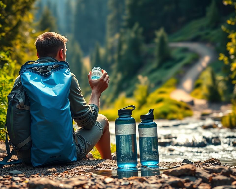 A serene outdoor scene with a backpack-clad hiker resting beside a flowing stream, their hands cupped to take a refreshing sip from a sleek, transparent water bottle. In the foreground, a high-quality hydration bladder and matching water bottles sit neatly arranged, reflecting the warm, natural lighting. The midground features lush, verdant foliage and a gently winding trail leading into a densely forested background, creating a sense of tranquility and adventure. The overall mood is one of rejuvenation and well-prepared exploration, perfectly capturing the essence of "Hydration done right: bladders, water bottles, and how much to bring" for a hiking trip.