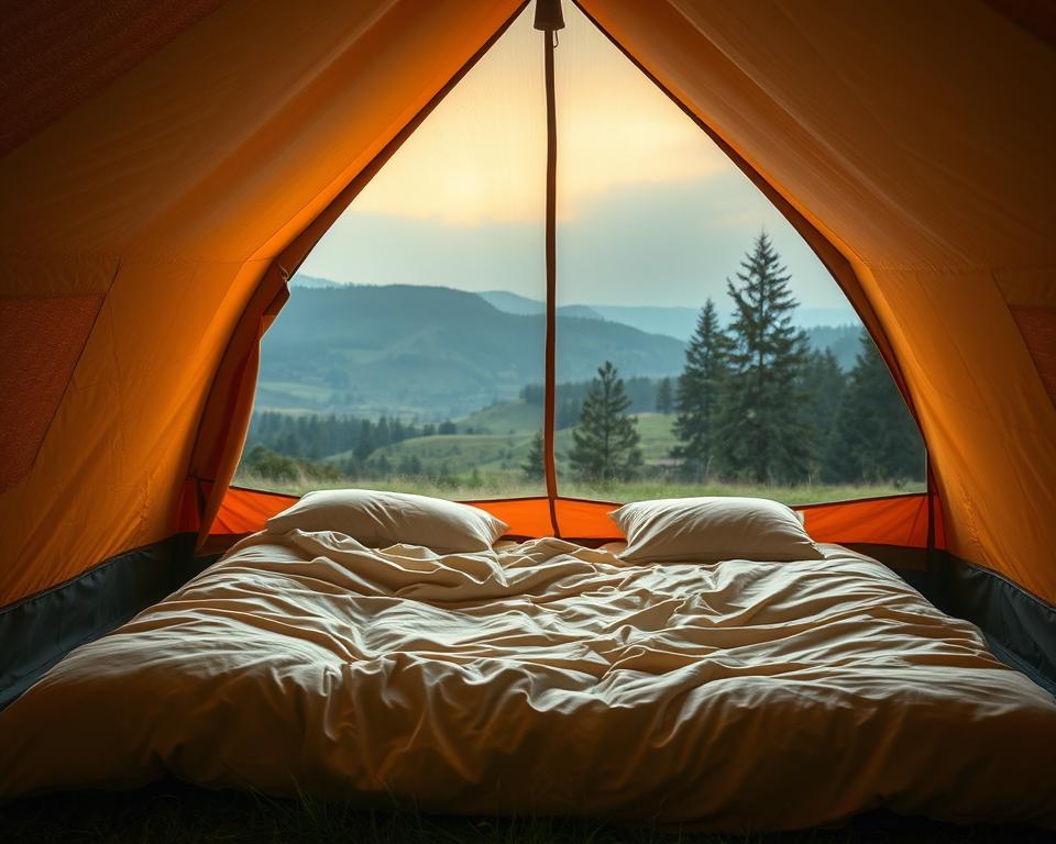 A spacious, family-sized tent nestled in a lush, verdant meadow. The tent's canopy is a warm, earthy tone, its fabric rippling gently in a soft breeze. The interior is illuminated by soft, diffused light, creating a cozy, inviting atmosphere. In the foreground, a well-padded sleeping area with plush, comfortable bedding, ready to accommodate a family of four. The background features a panoramic view of rolling hills and towering pine trees, hinting at the serene, natural setting. The overall scene evokes a sense of adventure, comfort, and togetherness, perfect for a family's first camping experience.