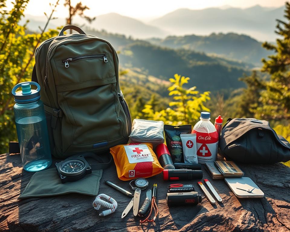 A well-organized family hiking kit laid out on a rugged wooden surface, bathed in warm natural light. Prominent in the foreground are a sturdy backpack, a water bottle, and a compass, conveying the essentials for a safe outdoor adventure. In the middle ground, various emergency supplies like a first-aid kit, a flashlight, and a Swiss army knife are neatly arranged, suggesting preparedness. In the background, silhouettes of lush green foliage and a distant mountain range create a serene, adventure-ready atmosphere. The overall composition evokes a sense of excitement and confidence, perfectly suited for a family's first hiking trip.