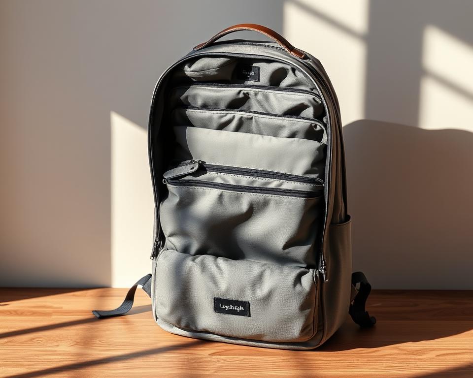 A well-organized lightweight backpack sits upright on a wooden surface, its contents neatly arranged. The pack features a minimalist grey exterior with sleek, streamlined design. Soft, supple leather accents add a touch of sophistication. Carefully placed, various packing cubes and pouches are visible, hinting at the efficient organization within. Gentle side-lighting casts warm, natural shadows, creating a sense of depth and dimension. The overall scene conveys a balance of practicality and style, reflecting the "lightweight backpack packing guide: how to pack it right" subject matter.