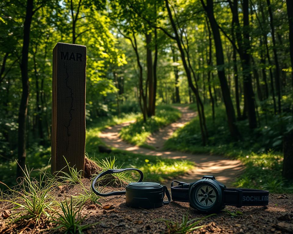 A winding hiking trail meandering through a lush, verdant forest, with a well-marked map carved into a sturdy wooden signpost at the trailhead. The dappled sunlight filters through the canopy, casting a warm, inviting glow over the scene. In the foreground, a compass and a high-powered headlamp lie on the ground, ready to guide the way. The trail leads deeper into the wilderness, hinting at the adventure and exploration that awaits. The overall atmosphere is one of preparation, safety, and the joy of outdoor discovery.
