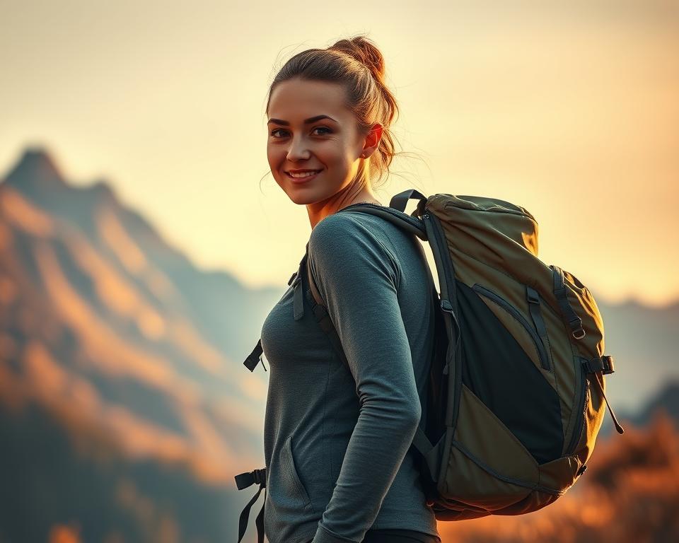 A woman stands in an outdoor setting, her backpack securely fitted to her frame. The lighting is warm and natural, casting a soft glow on her figure. The angle captures her from a slightly elevated perspective, emphasizing the ergonomic design of the backpack and its comfortable fit. The woman's expression is one of confident readiness, her stance indicating the ease and comfort of the pack's weight distribution. The background features a scenic mountain landscape, hinting at the adventure to come. The overall mood is one of preparation, capability, and a sense of empowered exploration. A woman stands in an outdoor setting, her backpack securely fitted to her frame. The lighting is warm and natural, casting a soft glow on her figure. The angle captures her from a slightly elevated perspective, emphasizing the ergonomic design of the backpack and its comfortable fit. The woman's expression is one of confident readiness, her stance indicating the ease and comfort of the pack's weight distribution. The background features a scenic mountain landscape, hinting at the adventure to come. The overall mood is one of preparation, capability, and a sense of empowered exploration.