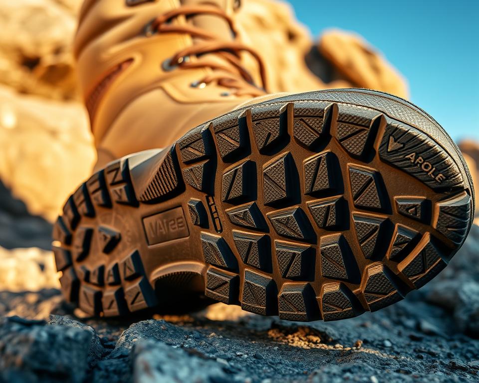 Close-up shot of a hiking boot sole with deep, rugged treads against a natural, rocky background. The tread pattern is intricate and varied, providing excellent grip and traction on uneven terrain. The boot is shown from a low angle, emphasizing the sturdy, aggressive design. Warm, natural lighting casts shadows across the textured surface, highlighting the contours and details. The overall mood is one of confidence and reliability, conveying the sense that this footwear is purpose-built for safe, stable traversal of challenging hiking trails. Close-up shot of a hiking boot sole with deep, rugged treads against a natural, rocky background. The tread pattern is intricate and varied, providing excellent grip and traction on uneven terrain. The boot is shown from a low angle, emphasizing the sturdy, aggressive design. Warm, natural lighting casts shadows across the textured surface, highlighting the contours and details. The overall mood is one of confidence and reliability, conveying the sense that this footwear is purpose-built for safe, stable traversal of challenging hiking trails.