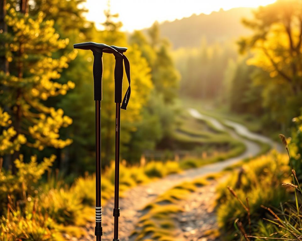 Trekking poles in a natural outdoor setting, with a warm, golden-hour lighting that casts long shadows. The poles are adjustable, made of lightweight aluminum, with ergonomic grips and sturdy rubber tips. They stand upright, ready for a hiker to grasp them and adjust the length to their optimal height. The poles are the focal point, but the background features a lush, verdant forest, with a winding trail leading into the distance, hinting at the adventurous journey ahead. The overall mood is one of anticipation and preparation for an invigorating trek.