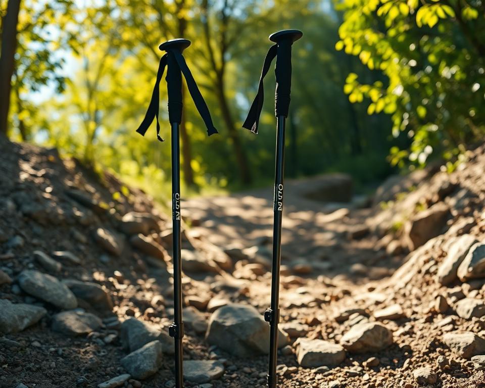 Trekking poles standing upright on a rocky trail, sun-dappled leaves in the background, casting soft shadows. The poles have ergonomic grips and adjustable lengths, designed for comfort and control on uneven terrain. The scene conveys a sense of adventure and exploration, with the poles as essential hiking companions. Captured with a wide-angle lens, the image highlights the poles' utility and durability, reflecting the "Tips for better comfort and control" section of the article.