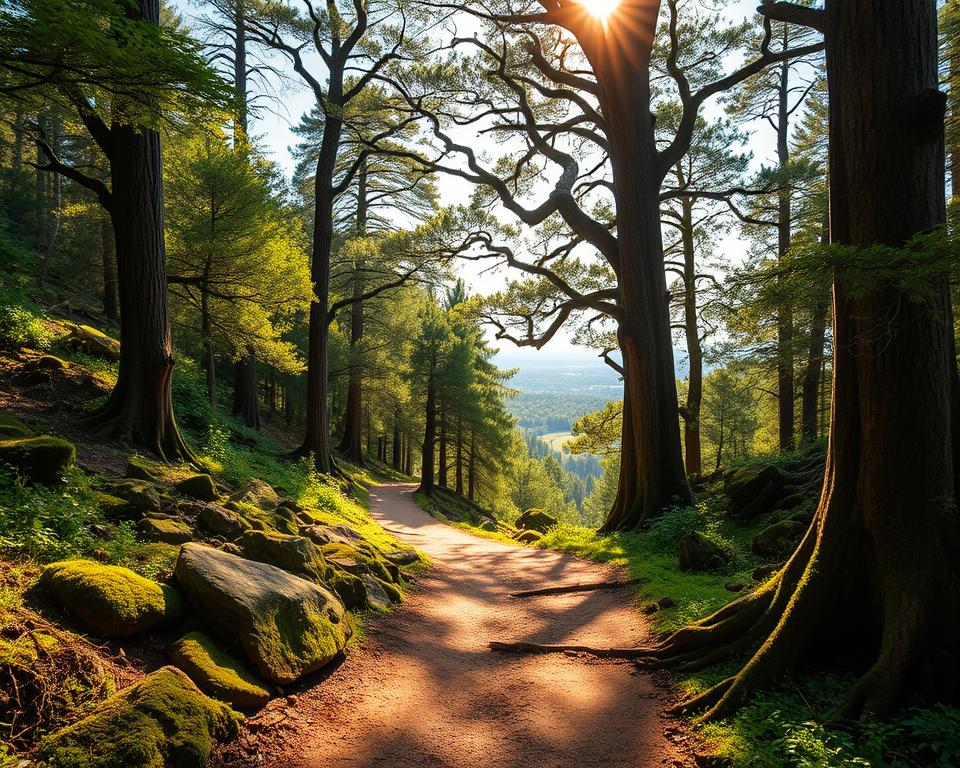 Winding mountain trail leading through a lush, verdant forest. Sunlight filters through the canopy, casting a warm, golden glow on the packed dirt path. Tall, ancient trees line the trail, their branches creating a natural archway overhead. Moss-covered rocks and exposed tree roots provide natural obstacles, inviting careful exploration. In the distance, the trail opens up to reveal a scenic overlook, hinting at the adventure that lies ahead. The scene exudes a sense of tranquility and invites the viewer to embark on a peaceful, family-friendly hike. Winding mountain trail leading through a lush, verdant forest. Sunlight filters through the canopy, casting a warm, golden glow on the packed dirt path. Tall, ancient trees line the trail, their branches creating a natural archway overhead. Moss-covered rocks and exposed tree roots provide natural obstacles, inviting careful exploration. In the distance, the trail opens up to reveal a scenic overlook, hinting at the adventure that lies ahead. The scene exudes a sense of tranquility and invites the viewer to embark on a peaceful, family-friendly hike.