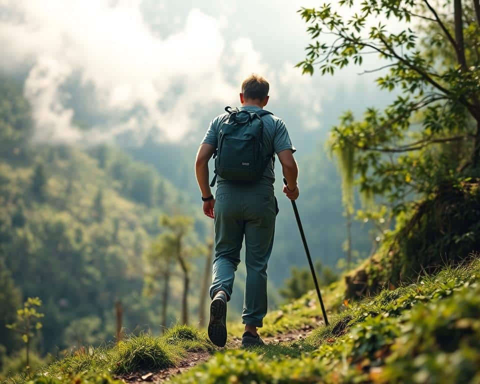 A breathable, lightweight hiking outfit worn by a hiker navigating a scenic mountain trail. Soft, technical fabrics designed to wick moisture and regulate body temperature. The figure is shown in mid-stride, walking through a lush, verdant landscape with sunlight filtering through the canopy above. Wisps of mist drift lazily in the background, creating a sense of peaceful tranquility. The camera angle is slightly elevated, capturing the hiker's purposeful stride and the flow of the layered garments. The overall mood evokes the refreshing sensation of an active yet comfortable outdoor excursion.