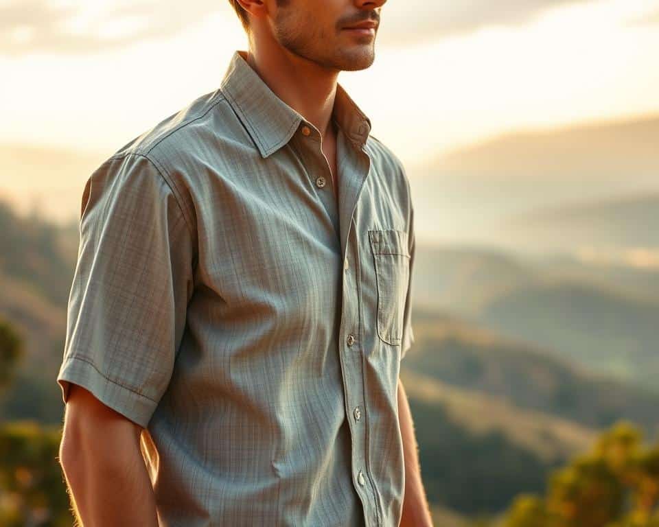 A breathable, lightweight hiking shirt in a neutral tone, such as gray or beige, with a slightly relaxed fit that allows for easy movement. The fabric should be moisture-wicking and quick-drying, with a subtle texture for added visual interest. The shirt has a classic button-down collar and short sleeves that reach just above the elbow, providing coverage without excessive heat buildup. The scene features a hiker wearing the shirt, standing in a natural outdoor setting with a warm, golden-hour lighting that casts soft shadows, creating a sense of warmth and comfort. The background includes a scenic vista of rolling hills or a lush forest, suggesting the ideal environment for a challenging yet rewarding hike in extreme heat.