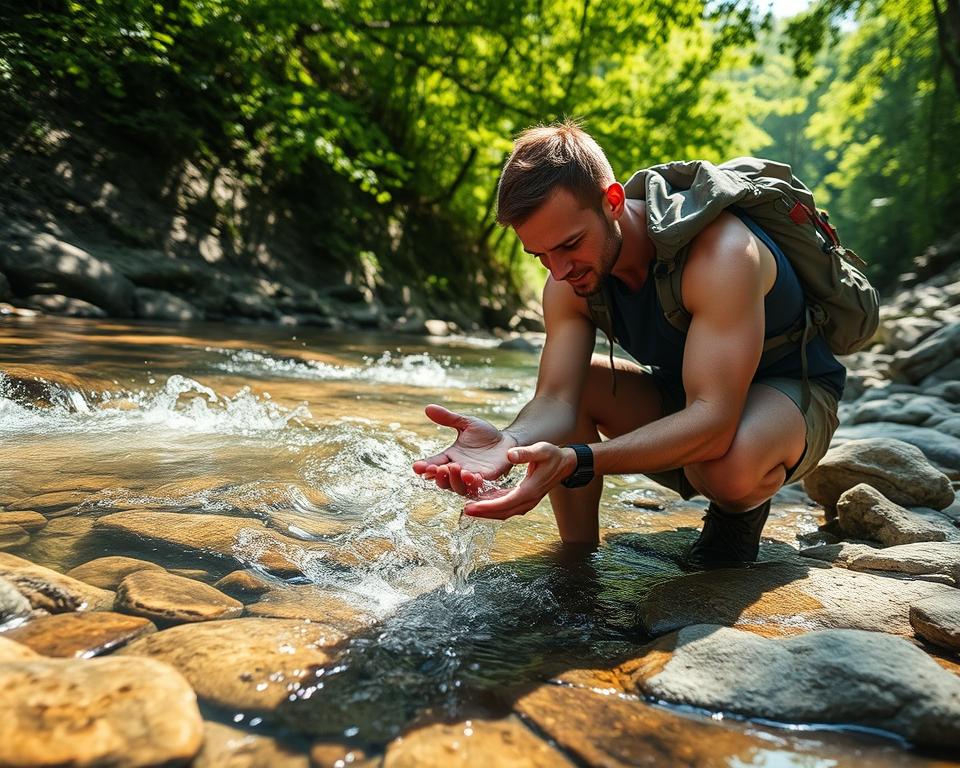 A clear, shallow stream cascades over smooth rocks, its cool, translucent water inviting hikers to dip in their hands and splash their faces. Dappled sunlight filters through a lush, verdant canopy, casting a soft, natural glow. In the foreground, a weary hiker kneels by the water's edge, cupping his hands to catch the refreshing flow, his expression one of relief and revitalization. The serene, peaceful atmosphere evokes a sense of respite from the heat, suggesting an effective on-trail cooling method to lower body temperature quickly. A clear, shallow stream cascades over smooth rocks, its cool, translucent water inviting hikers to dip in their hands and splash their faces. Dappled sunlight filters through a lush, verdant canopy, casting a soft, natural glow. In the foreground, a weary hiker kneels by the water's edge, cupping his hands to catch the refreshing flow, his expression one of relief and revitalization. The serene, peaceful atmosphere evokes a sense of respite from the heat, suggesting an effective on-trail cooling method to lower body temperature quickly.