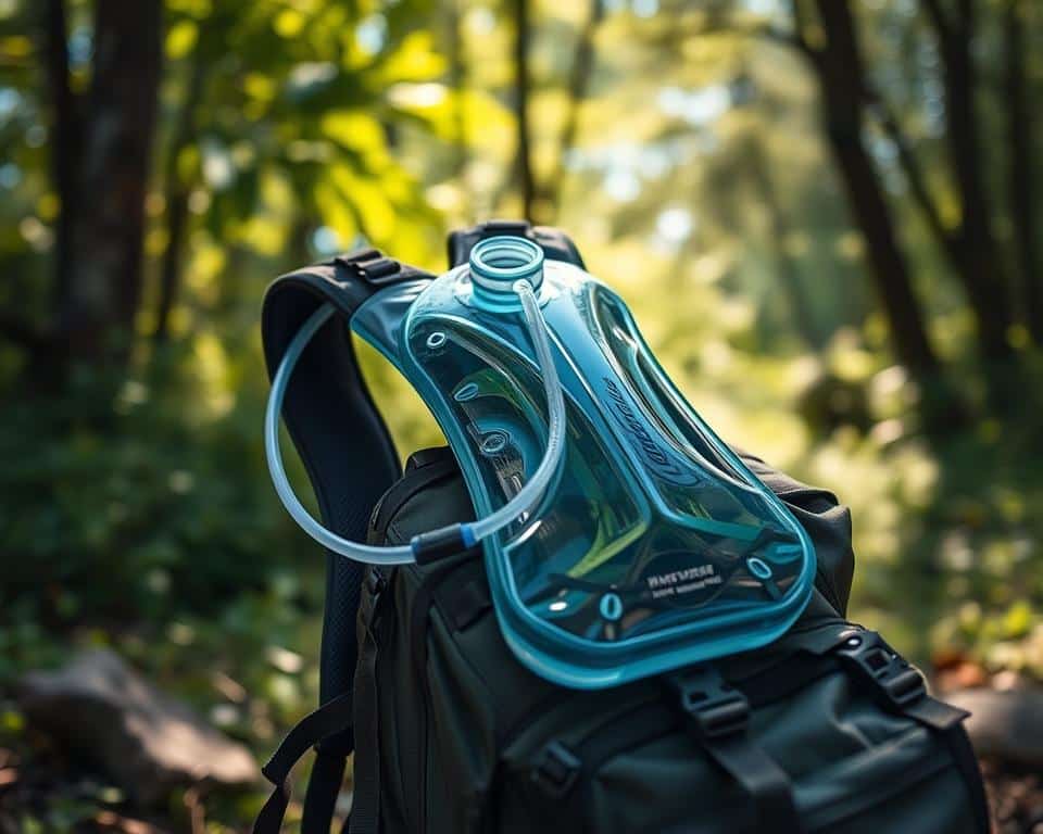 A high-quality hydration pack with a transparent water reservoir, secured by adjustable straps, sits atop a rugged hiking backpack. The pack is captured in a natural outdoor setting, with lush greenery and dappled sunlight filtering through the trees, creating a warm and inviting atmosphere. The hydration pack's tube and mouthpiece are visible, suggesting easy access to refreshing water during a challenging hike in the wilderness. The scene conveys a sense of preparedness and adventure, perfectly suited for the "Hydration and packs that keep you cooler" section of the article.