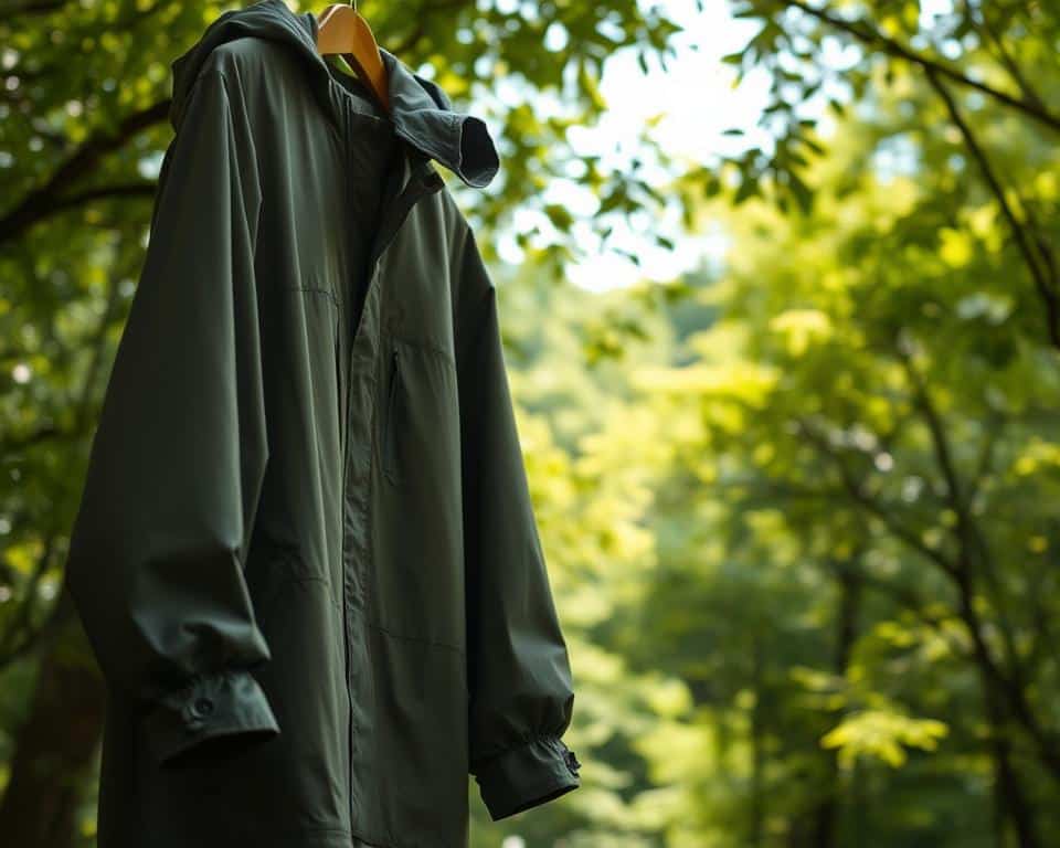 A rugged, weatherproof rain shell hangs against a backdrop of lush, verdant forest. The shell's matte surface reflects the dappled sunlight filtering through the canopy, its fabric rippling with the gentle breeze. The shell's sleek, minimalist design evokes a sense of practical functionality, ready to shield the wearer from the elements. In the foreground, the shell's hood and cuffs hint at the adjustable features that allow for a tailored, protective fit. The overall scene conveys a sense of outdoor adventure and the importance of reliable, high-performance gear in navigating diverse weather conditions.