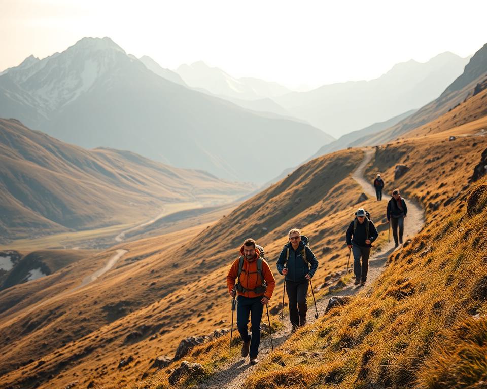 A scenic mountain landscape with a winding hiking trail snaking through lush alpine meadows. In the foreground, a group of hikers traverse the path, their gear and attire suitable for high-altitude trekking. Soft, diffused natural lighting casts warm tones across the scene, creating an immersive and contemplative atmosphere. The background features towering snow-capped peaks, hinting at the challenges and rewards of the journey ahead. The hikers' expressions convey a sense of focused determination, as they acclimatize to the changing environment with a well-planned itinerary.