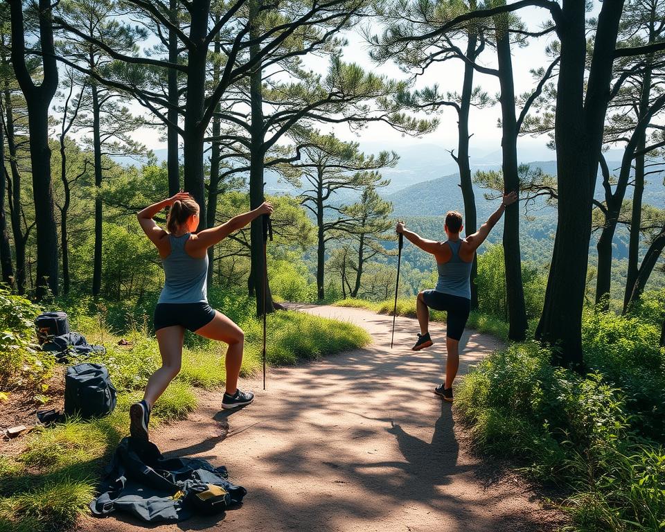 A scenic outdoor training session with a pair of hikers working out on a forested trail. In the foreground, two fit individuals perform dynamic stretches and bodyweight exercises, their gear and hiking poles nearby. The middle ground features a winding dirt path, its edges dotted with lush greenery. Dappled sunlight filters through the canopy of towering trees, casting a warm, natural glow. In the background, a rolling landscape of hills and mountains stretches into the distance, hinting at the adventure to come. The overall mood is one of preparation, determination, and a connection to the great outdoors.